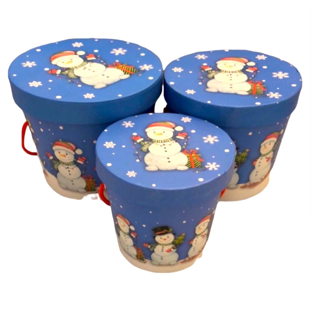 Stackable Christmas Gift Box Set, 3 Blue Containers with Snowmen Nesting Boxes